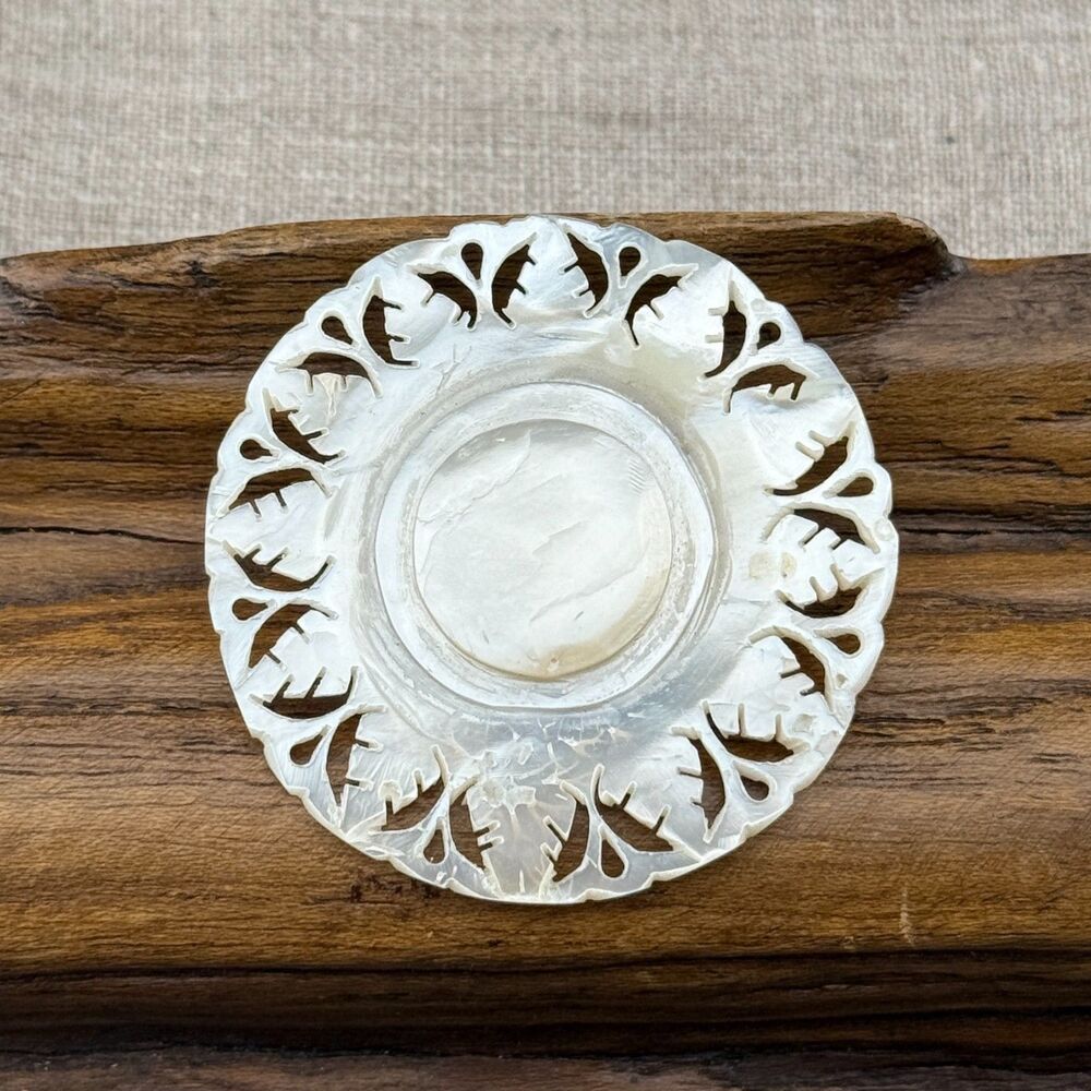 Vintage Round Carved Mother of Pearl Botanical Bethlehem Brooch Pin White